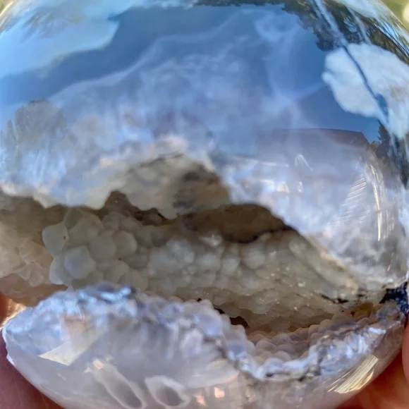 Large HQ Polished UV Reactive Volcano Agate Sphere w/ Wooden Stand - Picture 14 of 16